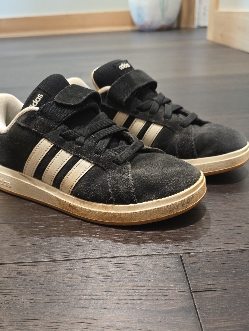 adidas Kids Black Suede Sneakers with Cream Stripes and Sole